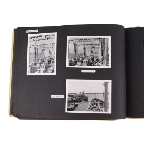 46 - A mid 20th century photograph album containing black & white photos of planes, helicopters and ships... 