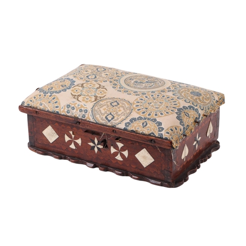 524 - An early 18th century mahogany box inlaid with bone and ebony, playing card suits with upholstered l... 