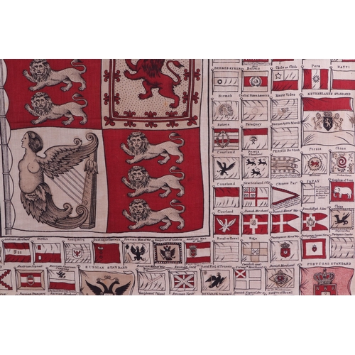 53 - Naval interest:  A printed cloth panel depicting Naval flags of the World, circa 1837, incorporating... 