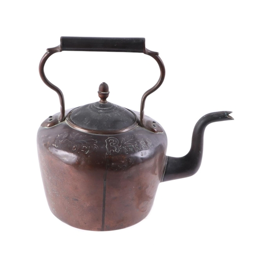 539 - \An early Victorian 'Quaker' copper kettle with floral embossed decoration, inscribed 'God Bless Our... 