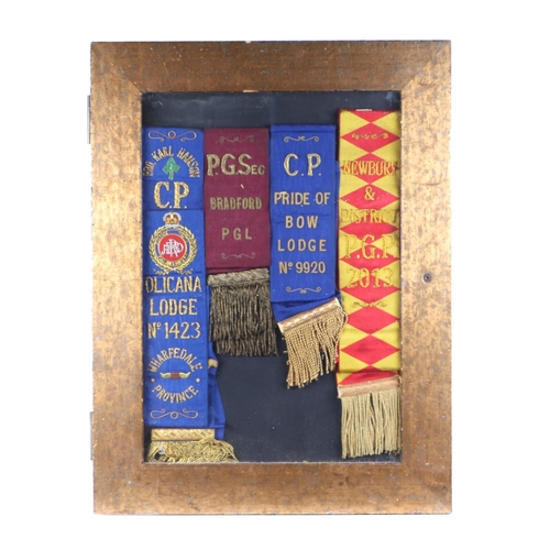 563 - Masonic interest - comprising sashes including Olicana no. 1423 and Pride of Bow Lodge no. 9920, fra... 