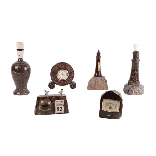 572 - A collection of Cornish serpentine items to include lighthouse table lamp, lighthouse thermometer, m... 