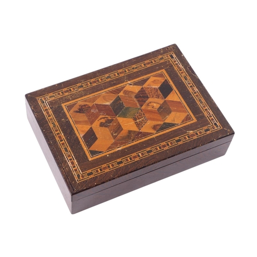 578 - A 19th century Tunbridge ware Tumbling block two division playing card box.