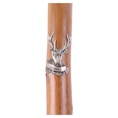 579 - A mahogany walking stick with bone handle, 84cms high; together with a Black Forest hiking stick, 95... 