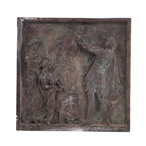 594 - A plaster panel 'Hector Taking His Leave Of His Family', 22 by 22cms; together with a coloured print... 