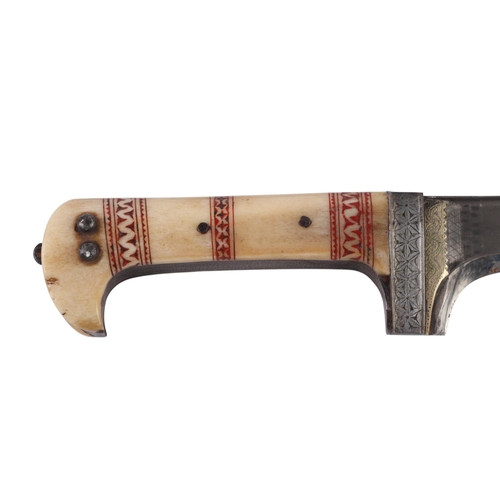 60 - An Afghan Khyber (Choora) dagger with tapering steel blade and bone handle, in a leather scabbard, 3... 