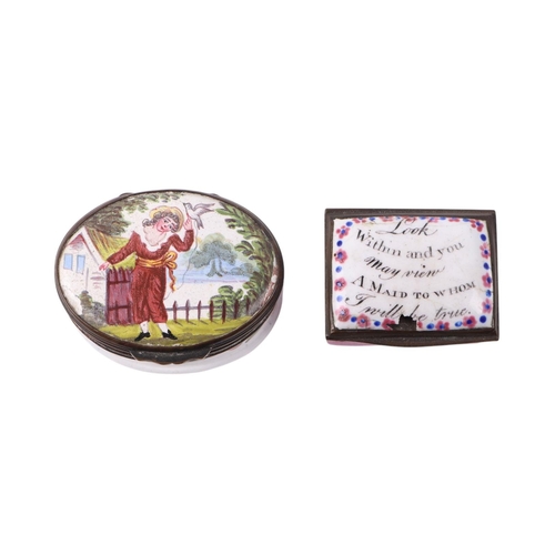 602 - An 18th century Bilston enamel box 'Look Within And You May View A Maid To Whom I will Be True', 4cm... 