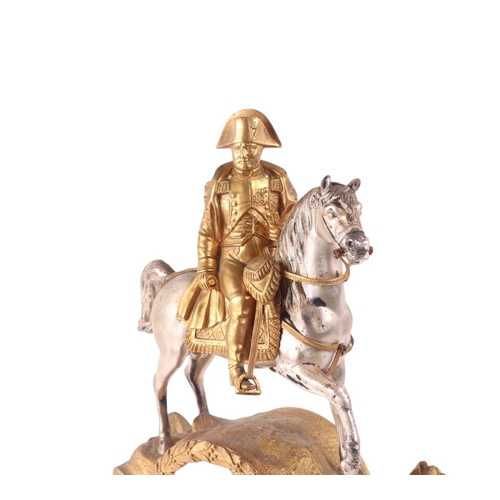 621 - A 19th century gilt metal French mantle clock surmounted a figure of Napoleon on horseback, the whit... 