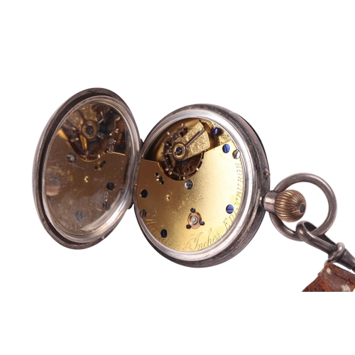 629 - A silver cased open faced pocket watch, the white enamel dial signed 'Hamilton & Inches' with Roman ... 