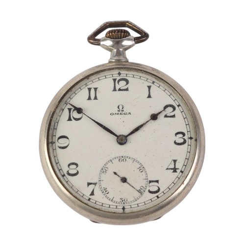 639 - An Omega open faced pocket watch, the white dial with Arabic numerals and subsidiary seconds dial; t... 