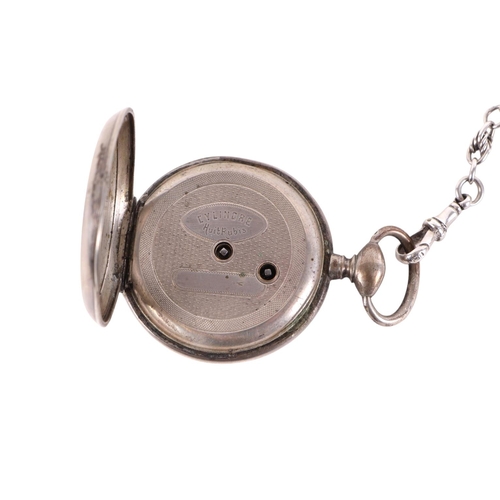 643 - A silver cased open faced pocket watch with fancy silver Albert chain and silver fob; together with ... 