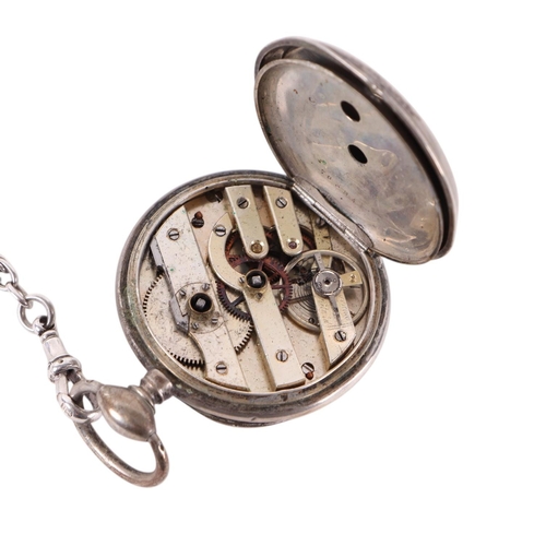 643 - A silver cased open faced pocket watch with fancy silver Albert chain and silver fob; together with ... 