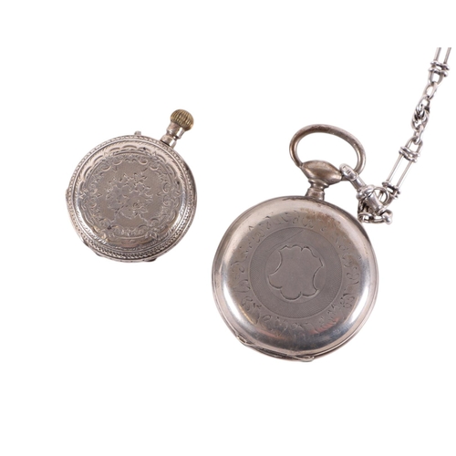 643 - A silver cased open faced pocket watch with fancy silver Albert chain and silver fob; together with ... 