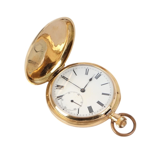 646 - An 18ct gold cased full hunter pocket watch, the white enamel dial with Roman numerals and subsidiar... 