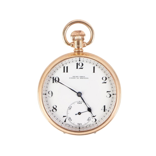 648 - A 9ct gold open faced pocket watch, the white enamel dial signed 'Kemp Bros', with Arabic numerals a... 