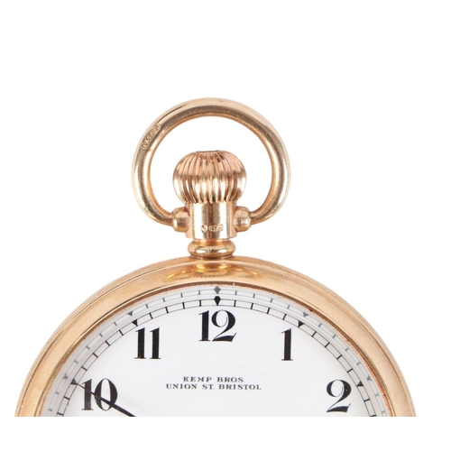 648 - A 9ct gold open faced pocket watch, the white enamel dial signed 'Kemp Bros', with Arabic numerals a... 