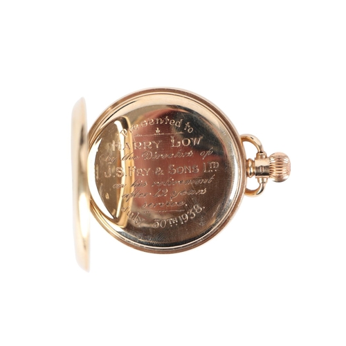 648 - A 9ct gold open faced pocket watch, the white enamel dial signed 'Kemp Bros', with Arabic numerals a... 