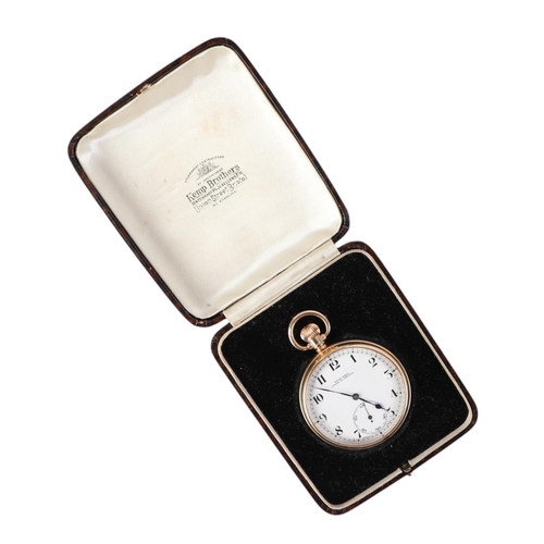 648 - A 9ct gold open faced pocket watch, the white enamel dial signed 'Kemp Bros', with Arabic numerals a... 