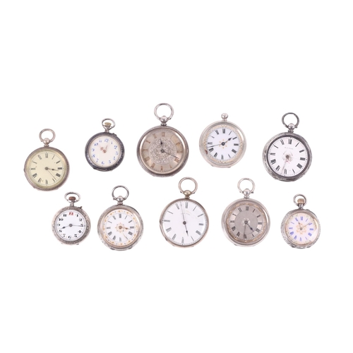 651 - A quantity of silver cased open faced fob watches (10).