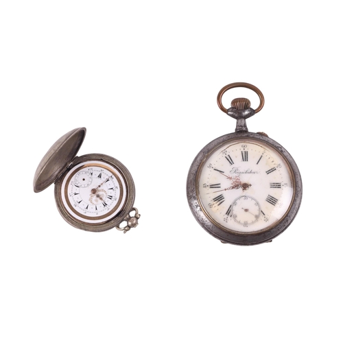 653 - A silver cased full hunter pocket watch; together with an oversized steel cased regulator open faced... 