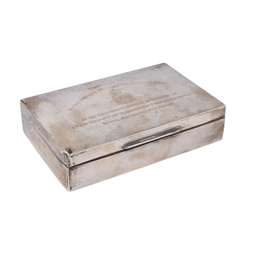 698 - Military interest.  A silver table top cigarette box, Sheffield 1951, with inscription to the top 'P... 