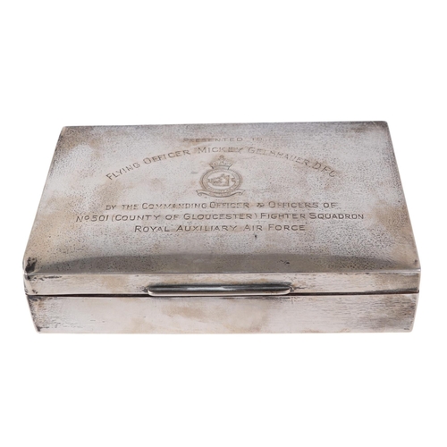 698 - Military interest.  A silver table top cigarette box, Sheffield 1951, with inscription to the top 'P... 