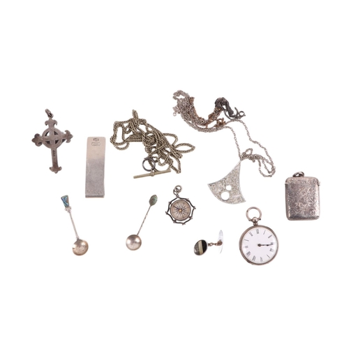 705 - A silver vesta case; together with a silver cased open faced fob watch; a silver cross pendant; a 92... 