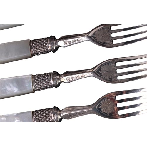 721 - A cased set of silver plated knives and forks with mother of pearl handles.