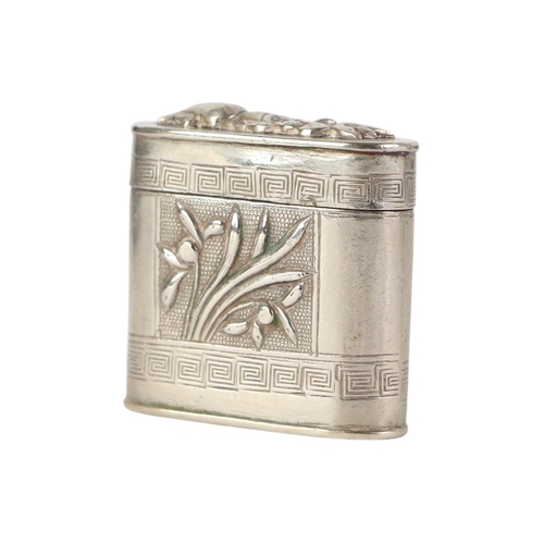 724 - A Chinese white metal opium box decorated with flowers and bamboo, impressed character mark to the u... 