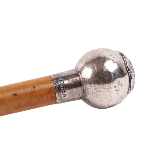 74 - A Swaine & Adeney silver mounted swagger stick with Bedfordshire & Hertfordshire Foresters emblem, B... 