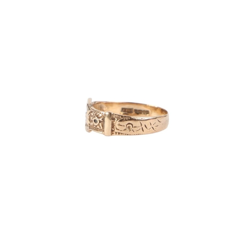 775 - A 9ct gold buckle ring, approx UK size M, 1.8g.