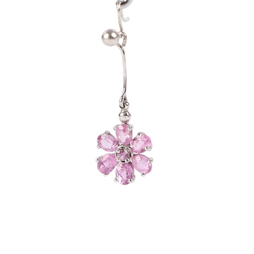 790 - A pair of white metal pink stone flower drop earrings (tests as 9ct gold), 2.2g.