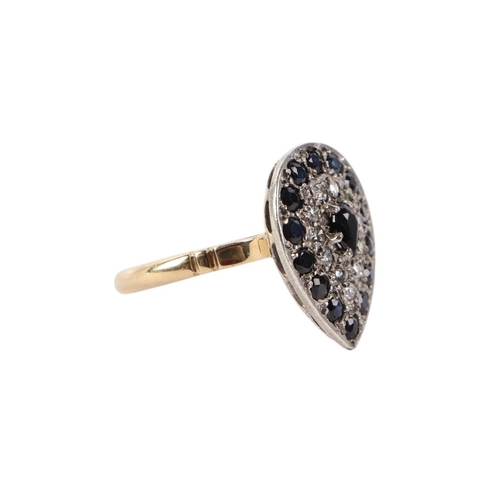 824 - An 18ct gold diamond and sapphire teardrop shaped cluster ring, approx UK size Q 1/2, 7.8g.