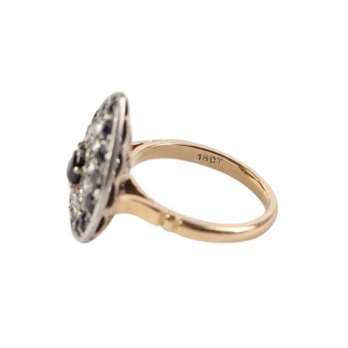 824 - An 18ct gold diamond and sapphire teardrop shaped cluster ring, approx UK size Q 1/2, 7.8g.