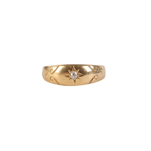 835 - An 18ct gold gypsy ring set with a single diamond, approx UK size L, 2.7g.