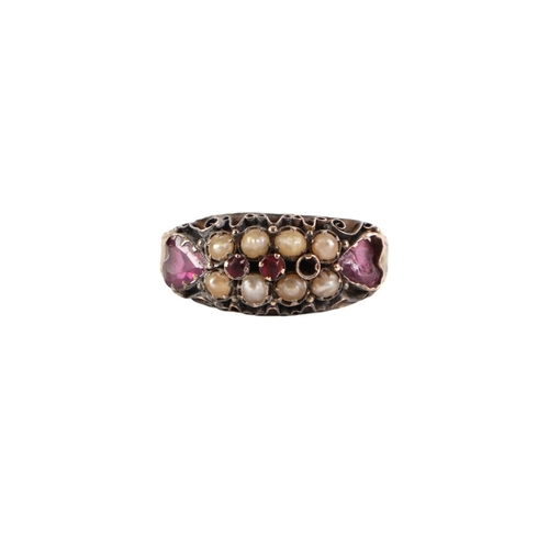 836 - A Victorian 15ct gold garnet and pearl ring, approx UK size N, 2.2g.Condition ReportOne of the small... 