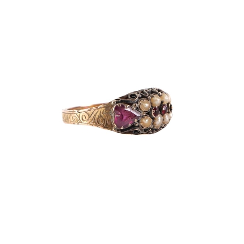 836 - A Victorian 15ct gold garnet and pearl ring, approx UK size N, 2.2g.Condition ReportOne of the small... 