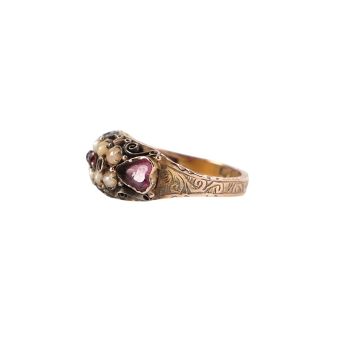 836 - A Victorian 15ct gold garnet and pearl ring, approx UK size N, 2.2g.Condition ReportOne of the small... 