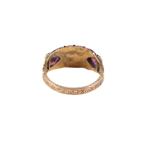 836 - A Victorian 15ct gold garnet and pearl ring, approx UK size N, 2.2g.Condition ReportOne of the small... 