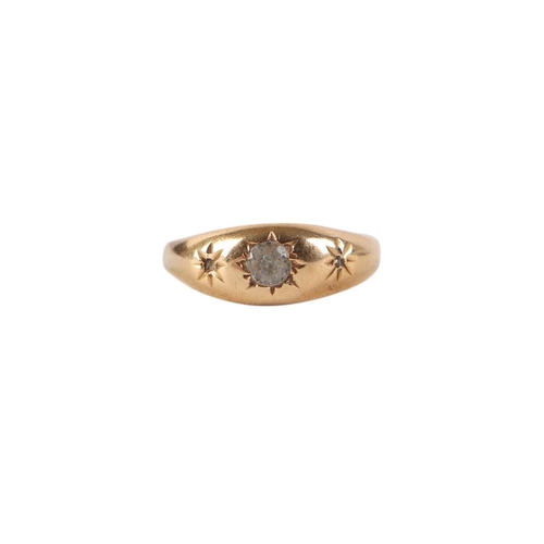 838 - An 18ct gold three-stone diamond gypsy ring, approx UK size O, 2g.