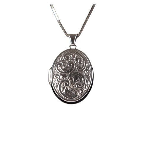 844 - A 9ct white gold pendant locket on a fine 9ct white gold chain, 5.4g.