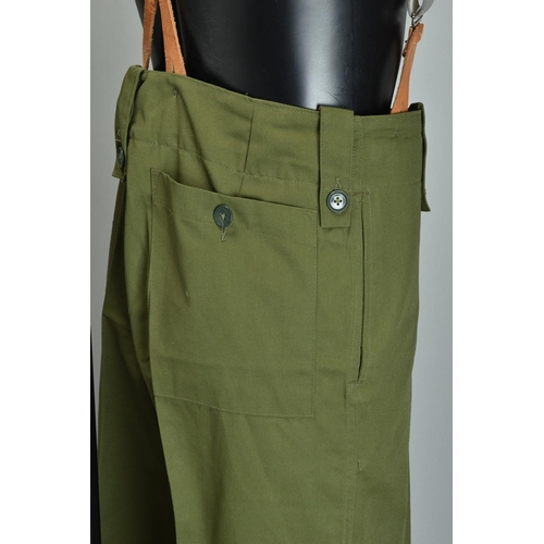 87 - 1950s Uniform Trousers, denim overalls in olive green; together with another pair of trousers (ref: ... 