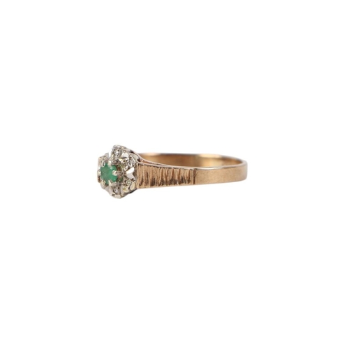 881 - A 9ct golds emerald and diamond cluster ring, approx UK size P, 2.2g.