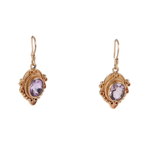 885 - Two pairs of 9ct gold mounted jade stud earrings; together with a pair of 9ct gold amethyst drop ear... 