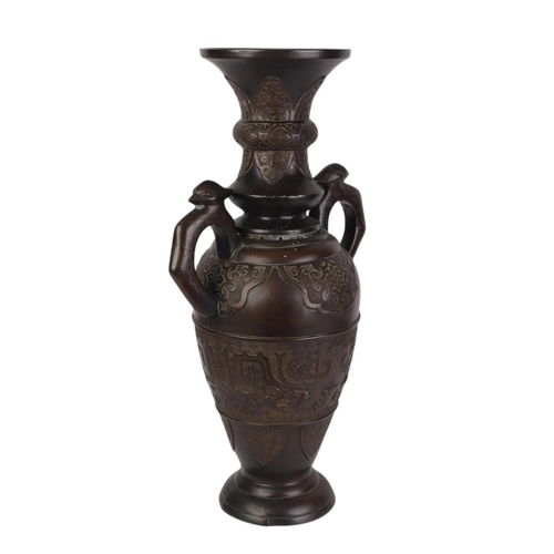 896 - A large Chinese / Japanese bronze two-handled vase with white metal inlay in the archaic style, 61cm... 