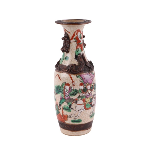 911 - A Japanese crackle glaze baluster vase decorated with warriors, character mark to base, 25cms high.C... 