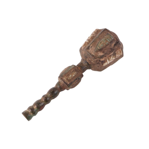 926 - A Chinese patinated bronze mace with inset hardstone panels, 26cms long.