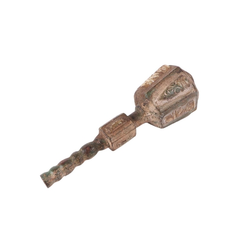 926 - A Chinese patinated bronze mace with inset hardstone panels, 26cms long.