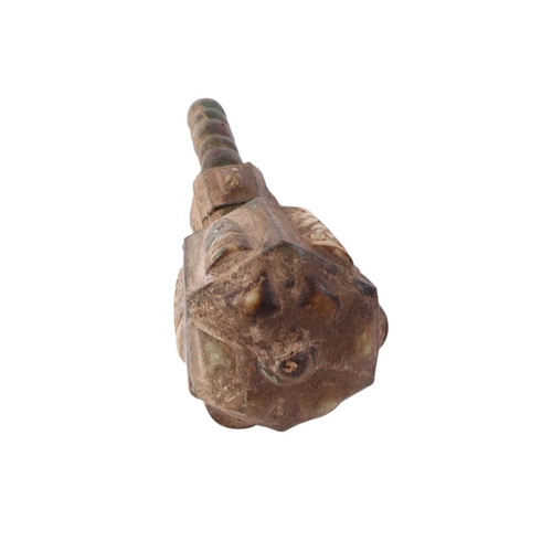 926 - A Chinese patinated bronze mace with inset hardstone panels, 26cms long.