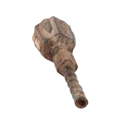 926 - A Chinese patinated bronze mace with inset hardstone panels, 26cms long.